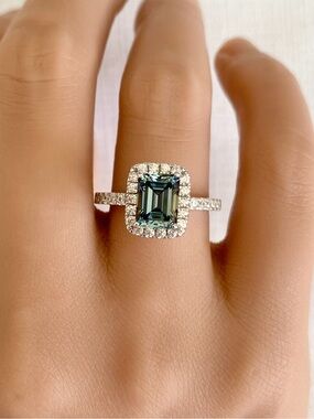 Emerald Cut Gray Blue Moissanite Diamond Sterling Silver Halo Round CZ Ring